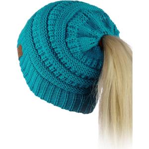 imageCC BeanieTail Soft Stretch Cable Knit Messy High Bun Ponytail Beanie HatTeal