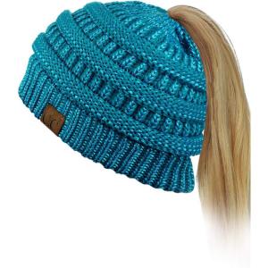 imageCC BeanieTail Soft Stretch Cable Knit Messy High Bun Ponytail Beanie HatTeal Metallic