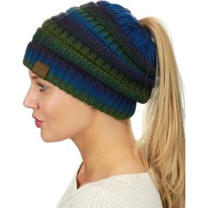 imageCC BeanieTail Soft Stretch Cable Knit Messy High Bun Ponytail Beanie HatTeal Tribal Blend