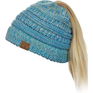 imageCC BeanieTail Soft Stretch Cable Knit Messy High Bun Ponytail Beanie HatTurquoise Mix