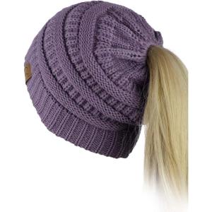 imageCC BeanieTail Soft Stretch Cable Knit Messy High Bun Ponytail Beanie HatViolet