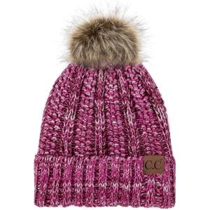 imageCC Exclusives Fuzzy Lined Knit Fur Pom Beanie Hat YJ8201 Hot Pink Mix