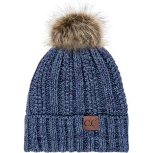 imageCC Exclusives Fuzzy Lined Knit Fur Pom Beanie Hat YJ82019 Denim Mix