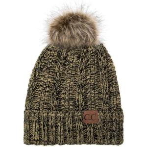 imageCC Exclusives Fuzzy Lined Knit Fur Pom Beanie Hat YJ82022 Black Beige Mix