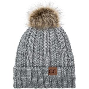 imageCC Exclusives Fuzzy Lined Knit Fur Pom Beanie Hat YJ82028 Lt Grey Mix