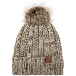imageCC Exclusives Fuzzy Lined Knit Fur Pom Beanie Hat YJ8208 Taupe Mix