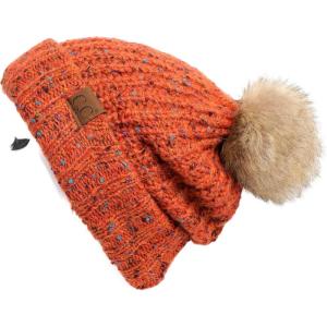 imageCC Exclusives Fuzzy Lined Knit Fur Pom Beanie Hat YJ820A Confetti Mohair Ribbedburnt Orange