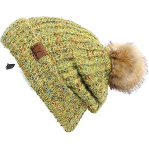 imageCC Exclusives Fuzzy Lined Knit Fur Pom Beanie Hat YJ820A Confetti Mohair Ribbedkiwi