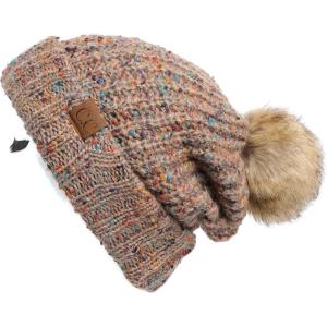 imageCC Exclusives Fuzzy Lined Knit Fur Pom Beanie Hat YJ820A Confetti Mohair Ribbedtaupe