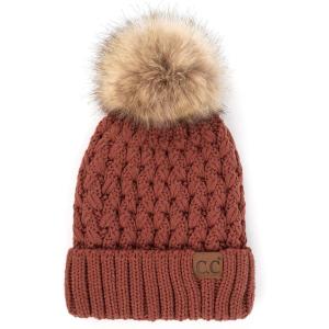 imageCC Exclusives Fuzzy Lined Knit Fur Pom Beanie Hat YJ820A Lattice Crossover Stitchbrick