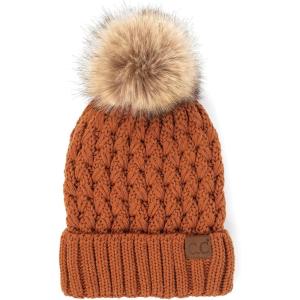 imageCC Exclusives Fuzzy Lined Knit Fur Pom Beanie Hat YJ820A Lattice Crossover Stitchclay