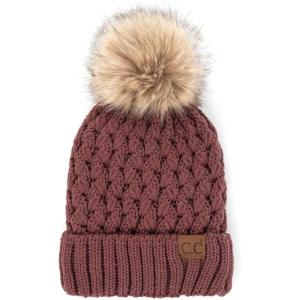 imageCC Exclusives Fuzzy Lined Knit Fur Pom Beanie Hat YJ820A Lattice Crossover Stitchcoco Berry