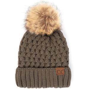 imageCC Exclusives Fuzzy Lined Knit Fur Pom Beanie Hat YJ820A Lattice Crossover Stitchearth Grey