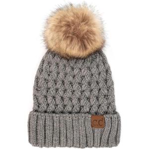 imageCC Exclusives Fuzzy Lined Knit Fur Pom Beanie Hat YJ820A Lattice Crossover Stitchltmelgrey