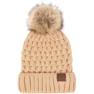 imageCC Exclusives Fuzzy Lined Knit Fur Pom Beanie Hat YJ820A Lattice Crossover Stitchpeanut