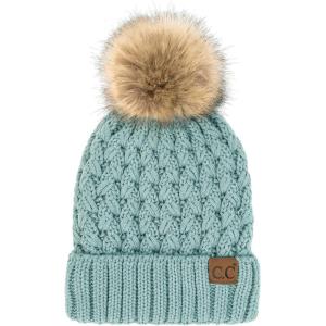 imageCC Exclusives Fuzzy Lined Knit Fur Pom Beanie Hat YJ820A Lattice Crossover Stitchwinter Mint