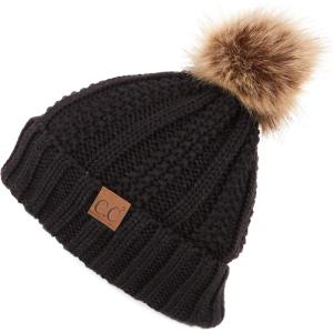 imageCC Exclusives Fuzzy Lined Knit Fur Pom Beanie Hat YJ820Black