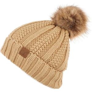 imageCC Exclusives Fuzzy Lined Knit Fur Pom Beanie Hat YJ820Camel
