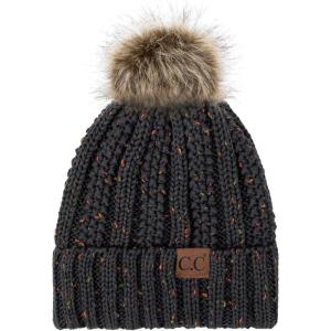 imageCC Exclusives Fuzzy Lined Knit Fur Pom Beanie Hat YJ820Confetti Dk Melange Grey