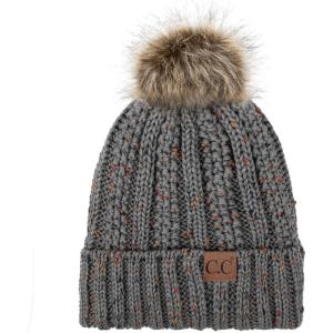 imageCC Exclusives Fuzzy Lined Knit Fur Pom Beanie Hat YJ820Confetti Natural Grey