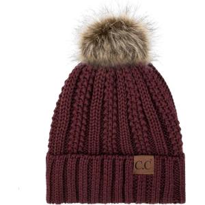 imageCC Exclusives Fuzzy Lined Knit Fur Pom Beanie Hat YJ820Maroon