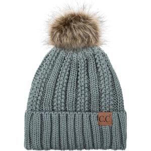imageCC Exclusives Fuzzy Lined Knit Fur Pom Beanie Hat YJ820Natural Grey