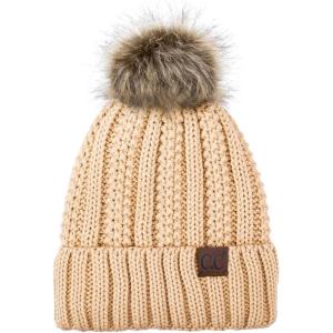 imageCC Exclusives Fuzzy Lined Knit Fur Pom Beanie Hat YJ820New Beige