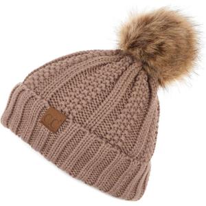 imageCC Exclusives Fuzzy Lined Knit Fur Pom Beanie Hat YJ820Taupe