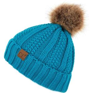 imageCC Exclusives Fuzzy Lined Knit Fur Pom Beanie Hat YJ820Teal
