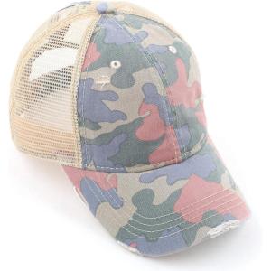 imageCC Exclusives Hatsandscarf Washed Distressed Cotton Denim Ponytail Hat Adjustable Baseball Cap BT14Camo  Beige