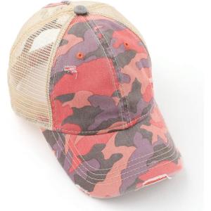 imageCC Exclusives Hatsandscarf Washed Distressed Cotton Denim Ponytail Hat Adjustable Baseball Cap BT14Camo  Hot Pink