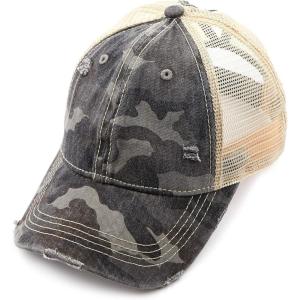 imageCC Exclusives Hatsandscarf Washed Distressed Cotton Denim Ponytail Hat Adjustable Baseball Cap BT14Camo  Lt Pink
