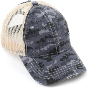 imageCC Exclusives Hatsandscarf Washed Distressed Cotton Denim Ponytail Hat Adjustable Baseball Cap BT14Digital Camo  Blue