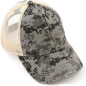 imageCC Exclusives Hatsandscarf Washed Distressed Cotton Denim Ponytail Hat Adjustable Baseball Cap BT14Digital Camo  Grey