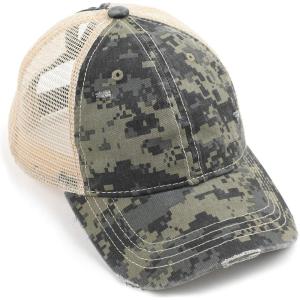 imageCC Exclusives Hatsandscarf Washed Distressed Cotton Denim Ponytail Hat Adjustable Baseball Cap BT14Digital Camo  Olive