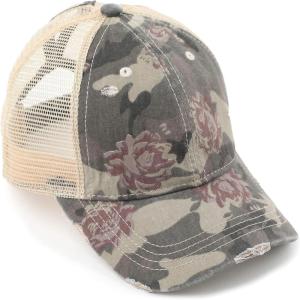 imageCC Exclusives Hatsandscarf Washed Distressed Cotton Denim Ponytail Hat Adjustable Baseball Cap BT14Flower Camo  Beige