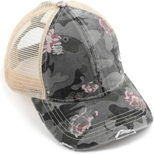 imageCC Exclusives Hatsandscarf Washed Distressed Cotton Denim Ponytail Hat Adjustable Baseball Cap BT14Flower Camo  Grey