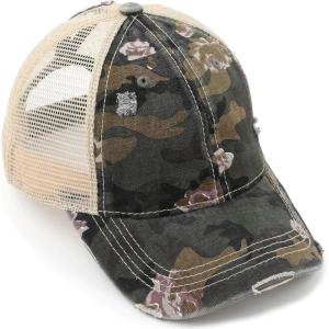 imageCC Exclusives Hatsandscarf Washed Distressed Cotton Denim Ponytail Hat Adjustable Baseball Cap BT14Flower Camo  Olive