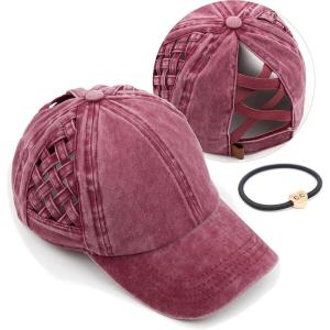 imageCC Exclusives Washed Cotton Denim Basket Weave CrissCross Ponytail Baseball Cap Bundle Hair Tie BT922Berry