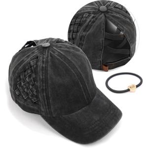 imageCC Exclusives Washed Cotton Denim Basket Weave CrissCross Ponytail Baseball Cap Bundle Hair Tie BT922Black