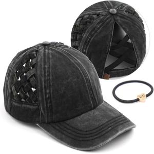 imageCC Exclusives Washed Cotton Denim Basket Weave CrissCross Ponytail Baseball Cap Bundle Hair Tie BT922Black Black Camo