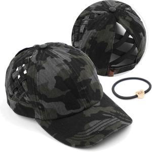 imageCC Exclusives Washed Cotton Denim Basket Weave CrissCross Ponytail Baseball Cap Bundle Hair Tie BT922Black Camo