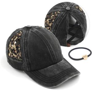 imageCC Exclusives Washed Cotton Denim Basket Weave CrissCross Ponytail Baseball Cap Bundle Hair Tie BT922Black Leopard