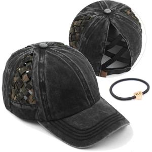 imageCC Exclusives Washed Cotton Denim Basket Weave CrissCross Ponytail Baseball Cap Bundle Hair Tie BT922Black Olive Camo