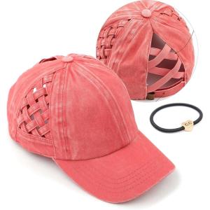 imageCC Exclusives Washed Cotton Denim Basket Weave CrissCross Ponytail Baseball Cap Bundle Hair Tie BT922Coral