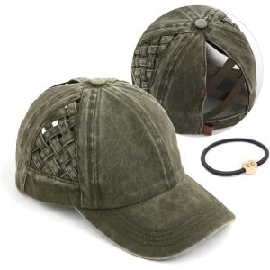 imageCC Exclusives Washed Cotton Denim Basket Weave CrissCross Ponytail Baseball Cap Bundle Hair Tie BT922Dk Olive