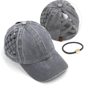 imageCC Exclusives Washed Cotton Denim Basket Weave CrissCross Ponytail Baseball Cap Bundle Hair Tie BT922Grey