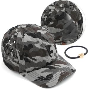 imageCC Exclusives Washed Cotton Denim Basket Weave CrissCross Ponytail Baseball Cap Bundle Hair Tie BT922Grey Camo