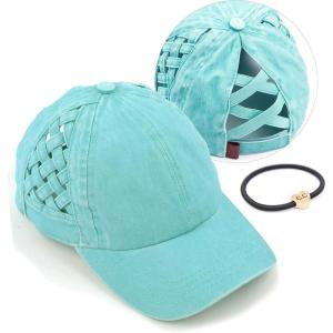 imageCC Exclusives Washed Cotton Denim Basket Weave CrissCross Ponytail Baseball Cap Bundle Hair Tie BT922Mint