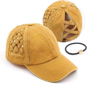 imageCC Exclusives Washed Cotton Denim Basket Weave CrissCross Ponytail Baseball Cap Bundle Hair Tie BT922Mustard